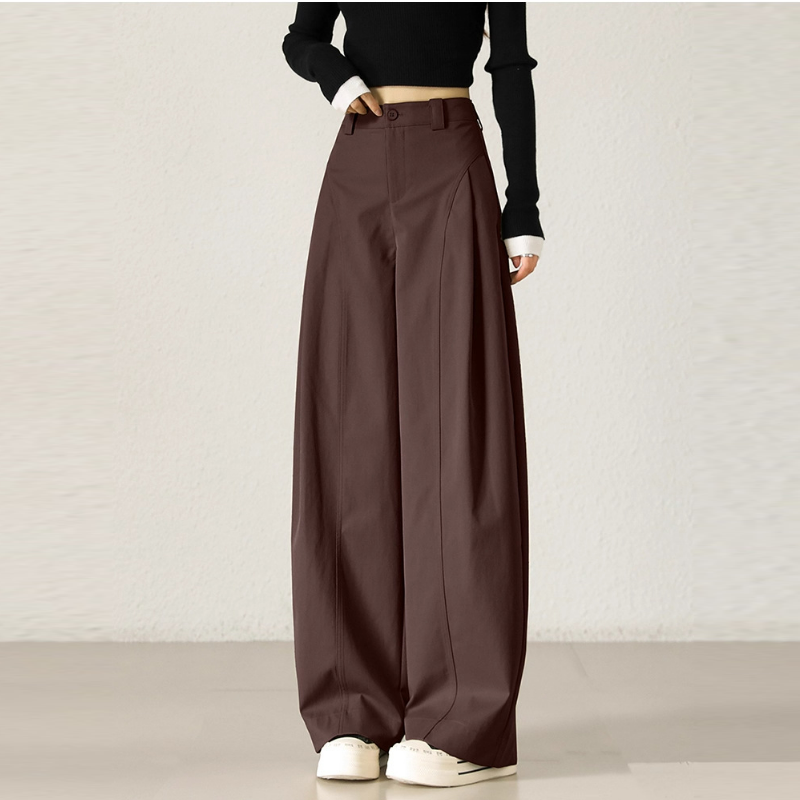 高腰顯瘦時尚寬鬆潮流側壓褶卡其色闊腿褲