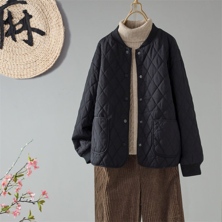 復古圓領寬鬆單排扣顯瘦夾棉保暖棉衣