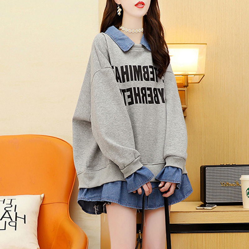 時尚休閒oversize假兩件牛仔拼接翻領衛衣-Cicimode