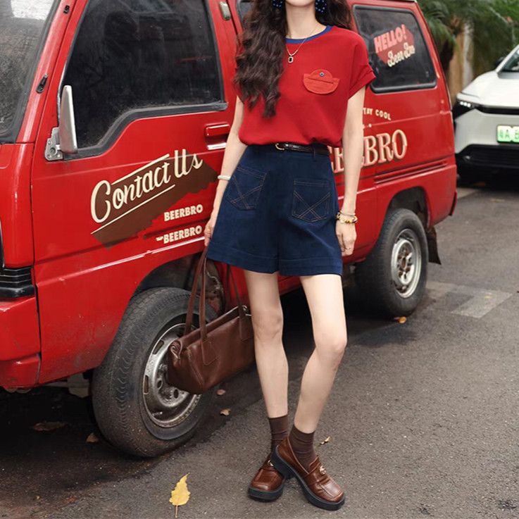 【單件/套裝】休閒寬鬆顯瘦復古設計感T恤+闊腿短褲兩件套裝