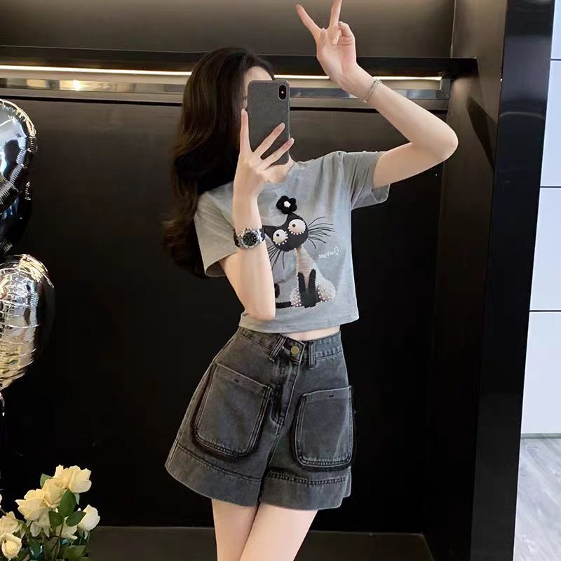 【單件/套裝】復古減齡休閒運動風T恤+牛仔短褲兩件套裝