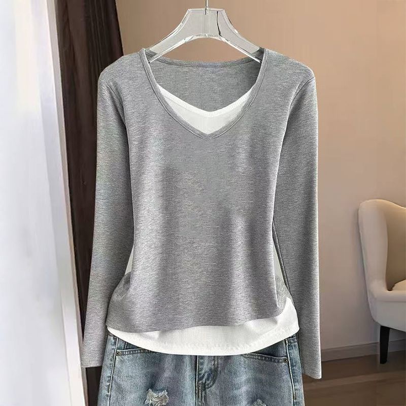 時尚顯瘦假兩件德絨撞色V領長袖T恤-Cicimode