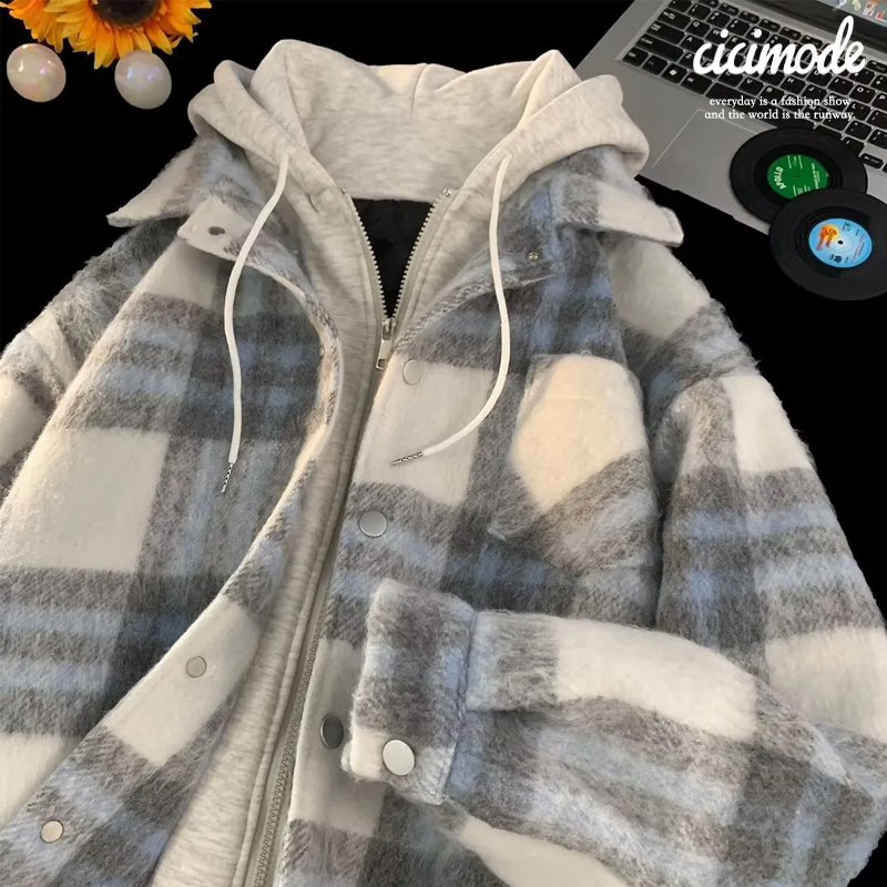 假兩件格子情侶連帽夾克休閒外套-Cicimode