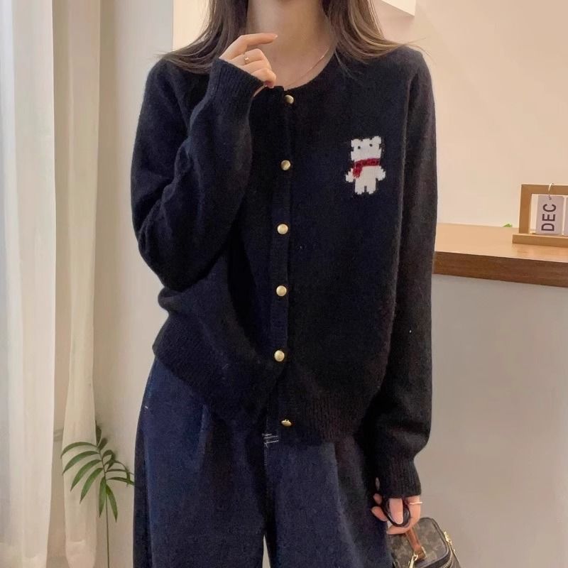 韓版百搭圓領紅色毛衣外套小熊針織開衫