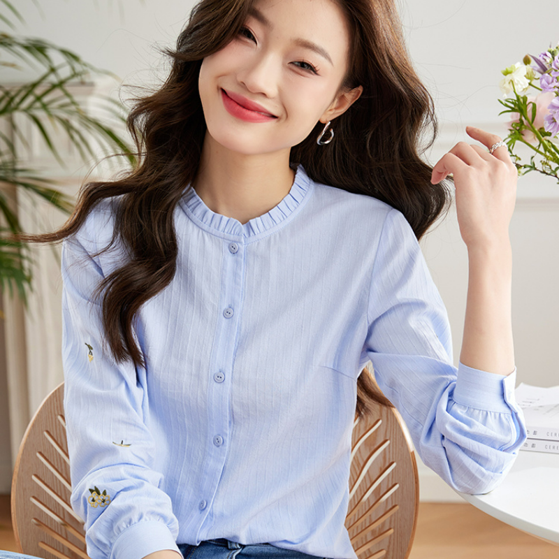 法式木耳邊立領氣質刺繡長袖襯衫-Cicimode