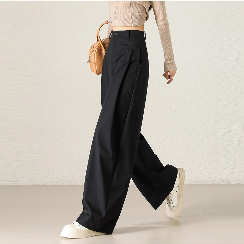 高腰顯瘦時尚寬鬆潮流側壓褶卡其色闊腿褲