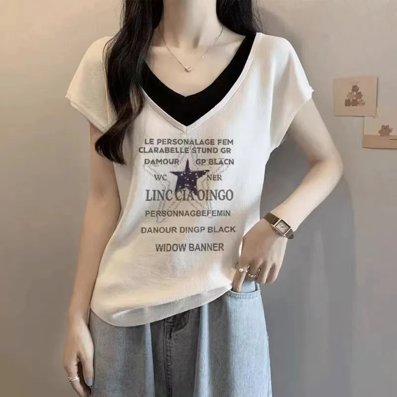 純棉多款式洋氣寬鬆大碼顯瘦V領假兩件短袖T恤-Cicimode