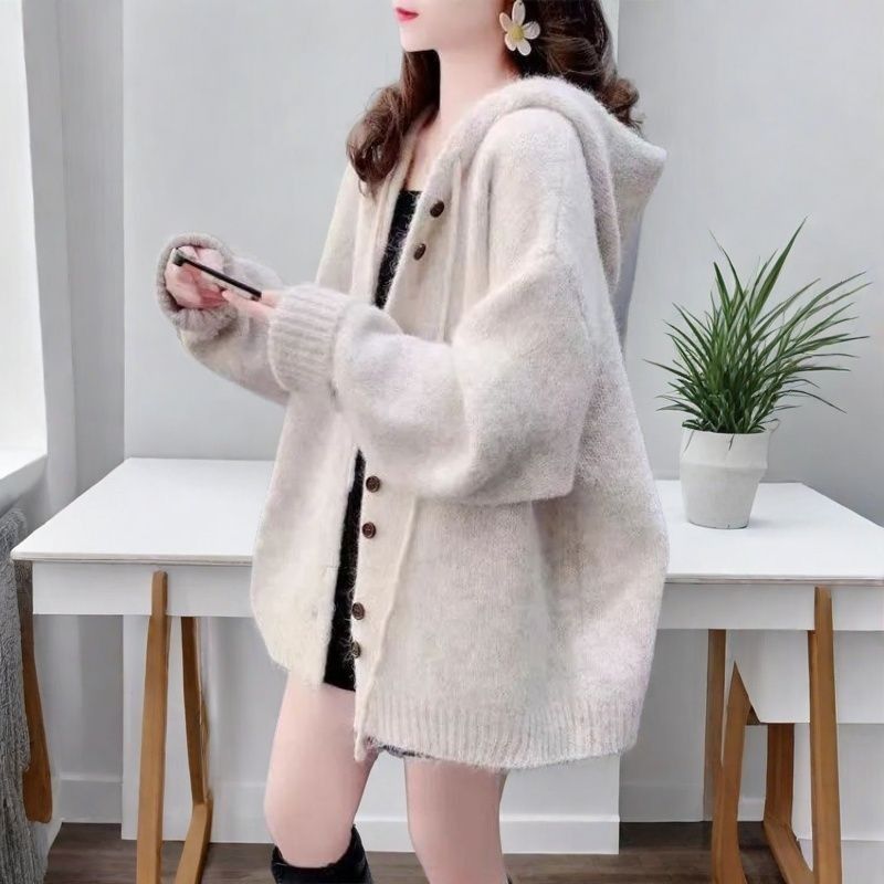 慵懶風百搭韓版寬鬆連帽針織開衫-Cicimode