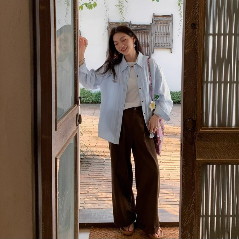 刺繡設計慵懶休閒百搭長袖氣質寬鬆襯衫