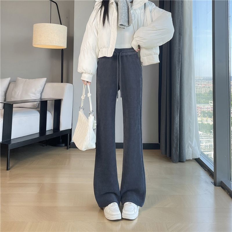 刷毛喇叭高腰垂感雪尼爾大碼寬鬆微喇褲-Cicimode