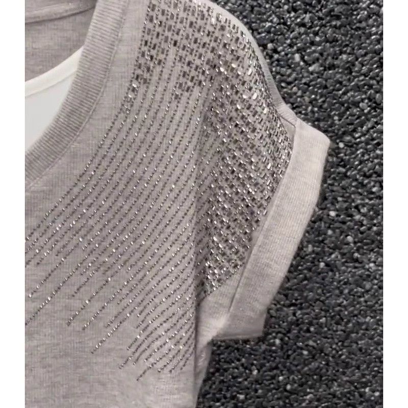 燙鑽撞色假兩件氣質V領T恤女夏季洋氣重工收腰顯瘦小香風上衣