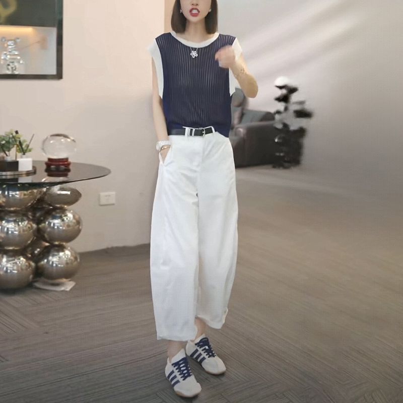 【單件/套裝】寬松顯瘦減齡無袖針織衫+闊腿休閑褲兩件套