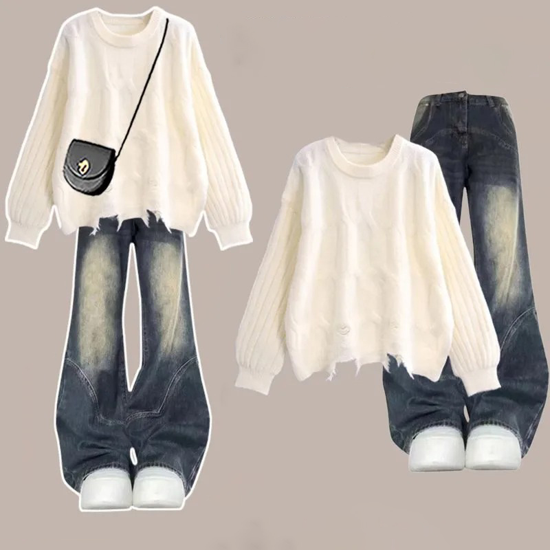 【單件/套裝】百搭設計感減齡毛衣+收腰牛仔褲兩件套裝-Cicimode