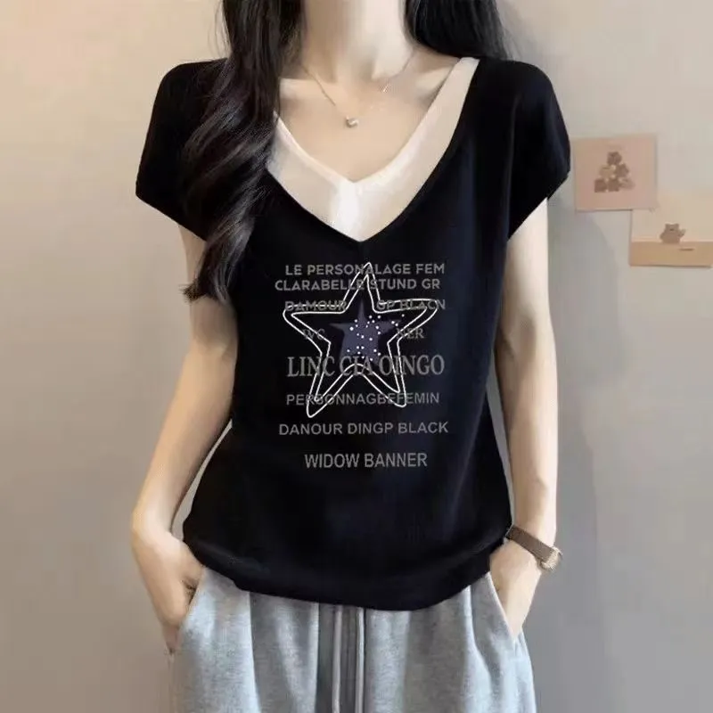 純棉多款式洋氣寬鬆大碼顯瘦V領假兩件短袖T恤-Cicimode