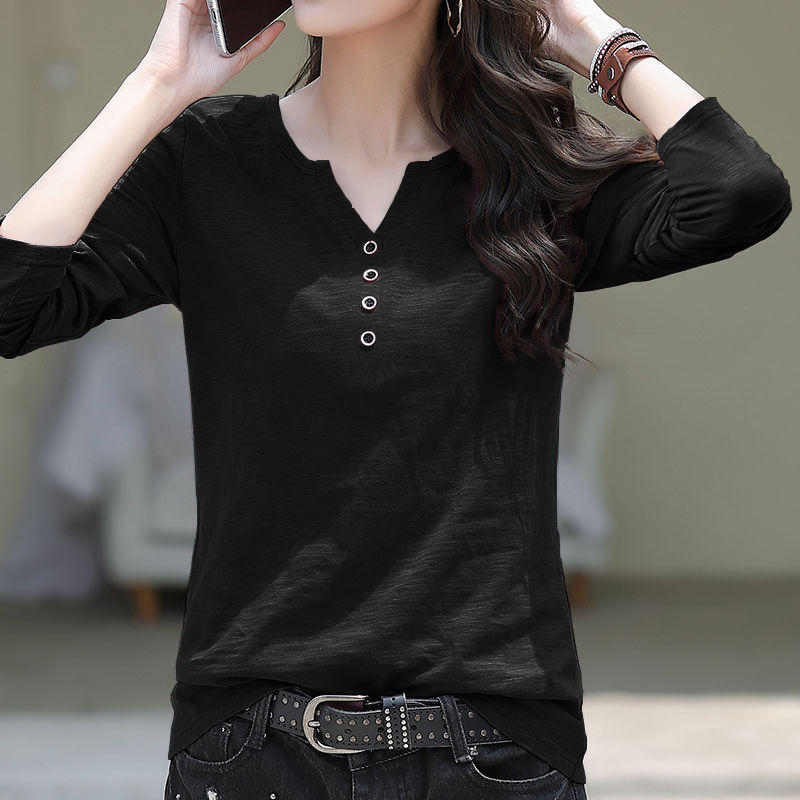 【全六色】寬鬆百搭V領上衣打底衫潮竹節棉長袖