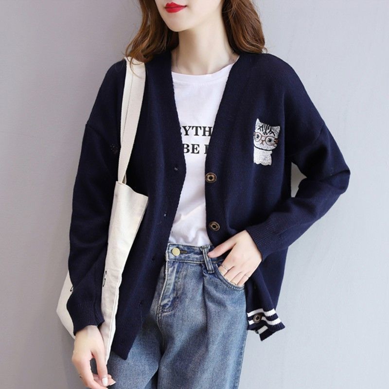 休閒百搭薄款寬鬆貓咪針織開衫-Cicimode