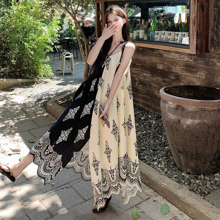 復古印花寬松設計顯瘦新中式度假吊帶洋裝