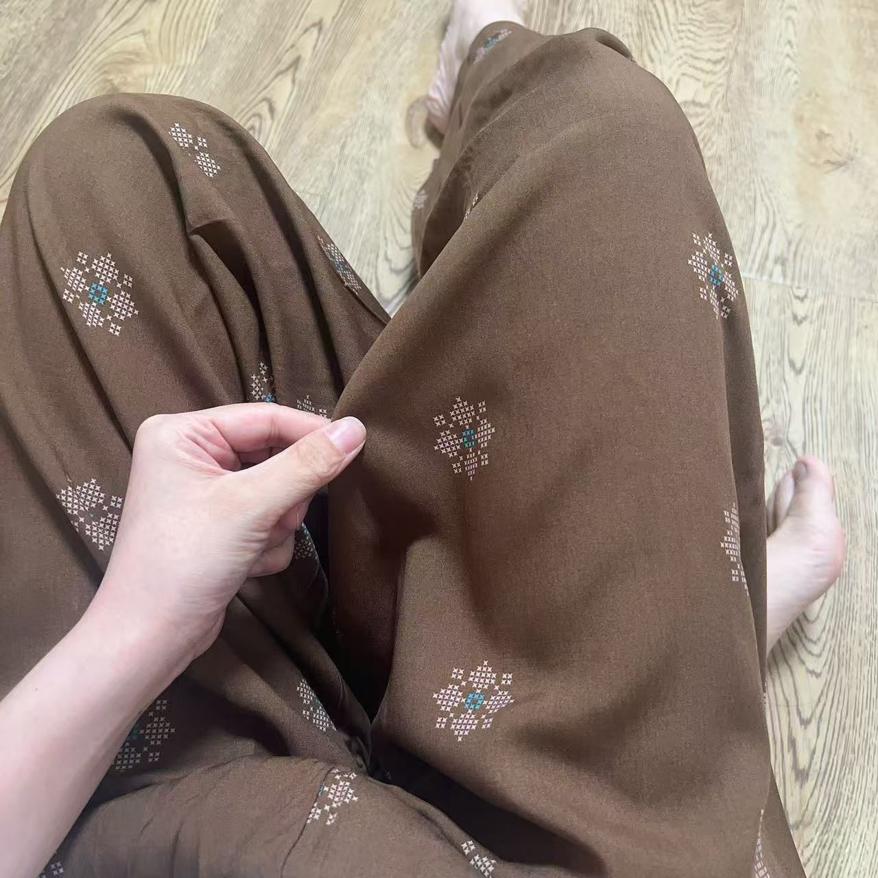 甜美印花波西米亞吸濕排汗寬鬆休閒闊腿九分褲