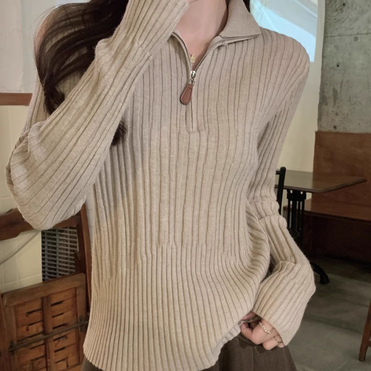 拉鍊立領內搭氣質高級設計感坑條針織毛衣