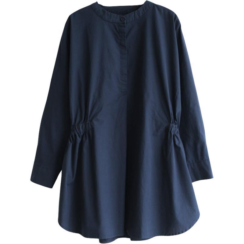 純棉寬鬆顯瘦圓領收腰時尚休閒復古襯衫-Cicimode