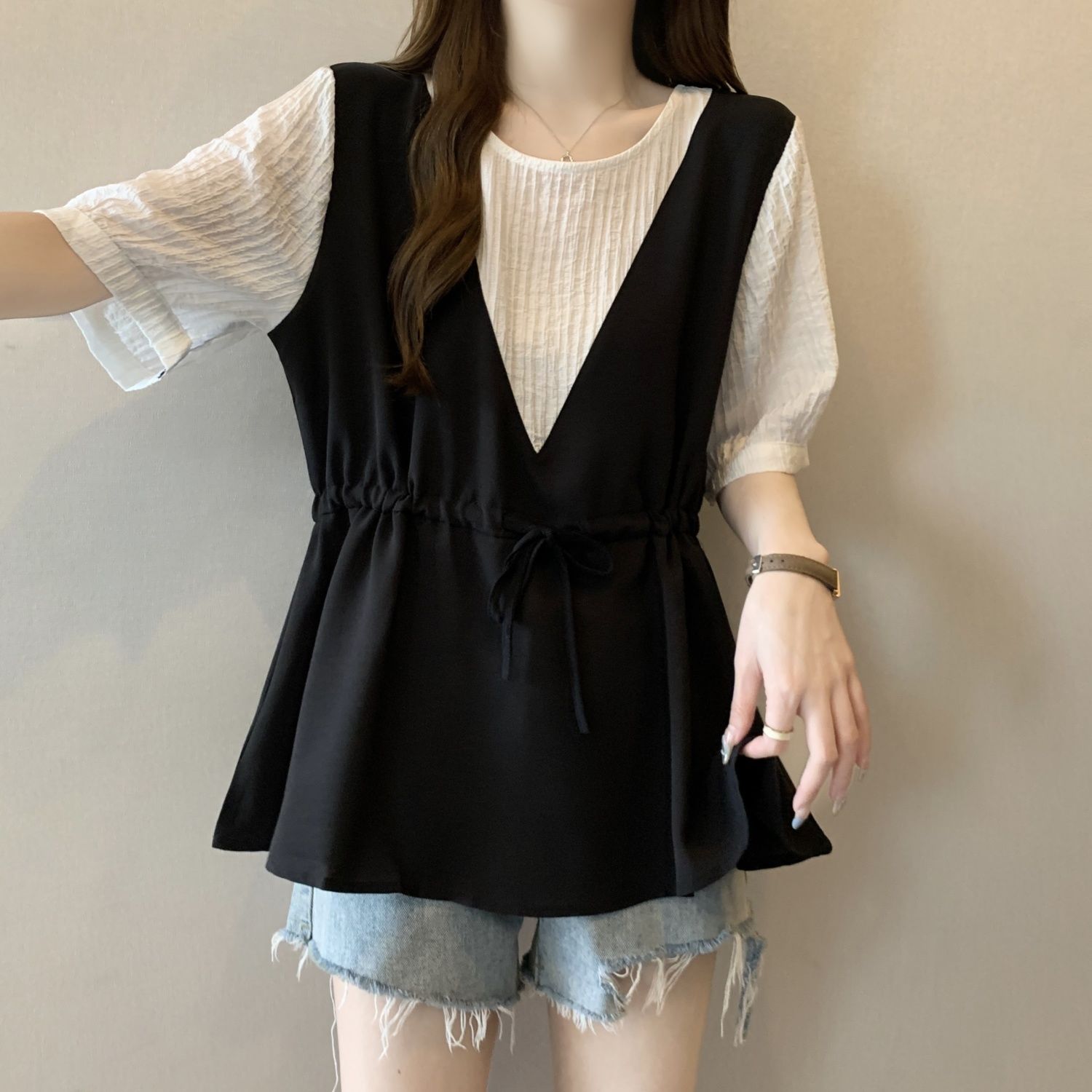 韓版假兩件設計感撞色收腰系帶顯瘦短袖-Cicimode