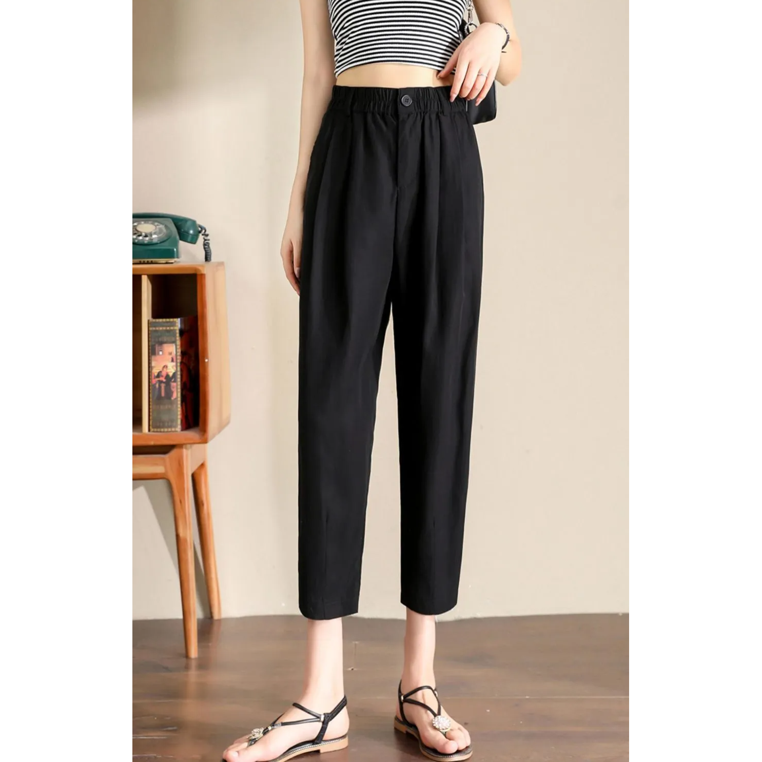 天絲棉麻薄款顯瘦遮肉透氣哈倫九分褲-Cicimode