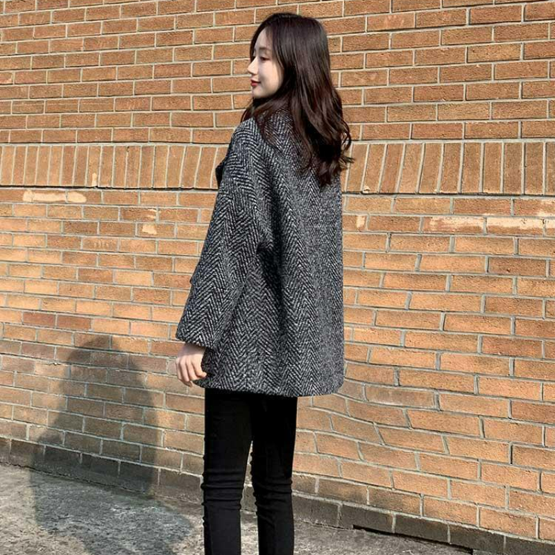 寬鬆百搭中長版呢子大衣加厚毛呢格子外套-Cicimode