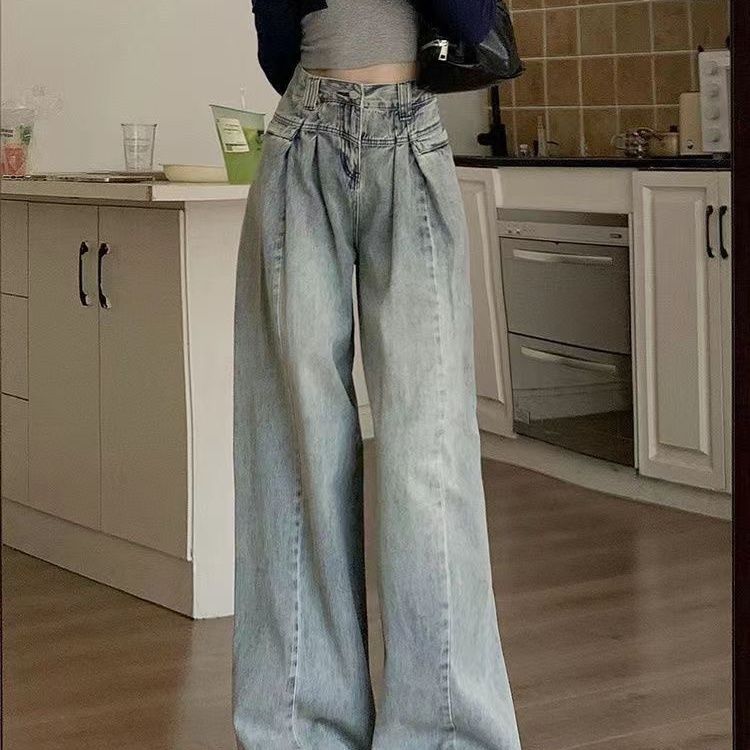 【套装】韓系甜酷V領短袖T恤 +美式復古高腰牛仔褲兩件套裝-Cicimode