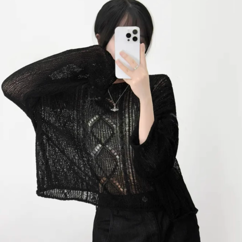 一字露肩麻花薄款鏤空長袖罩衫針織衫-Cicimode