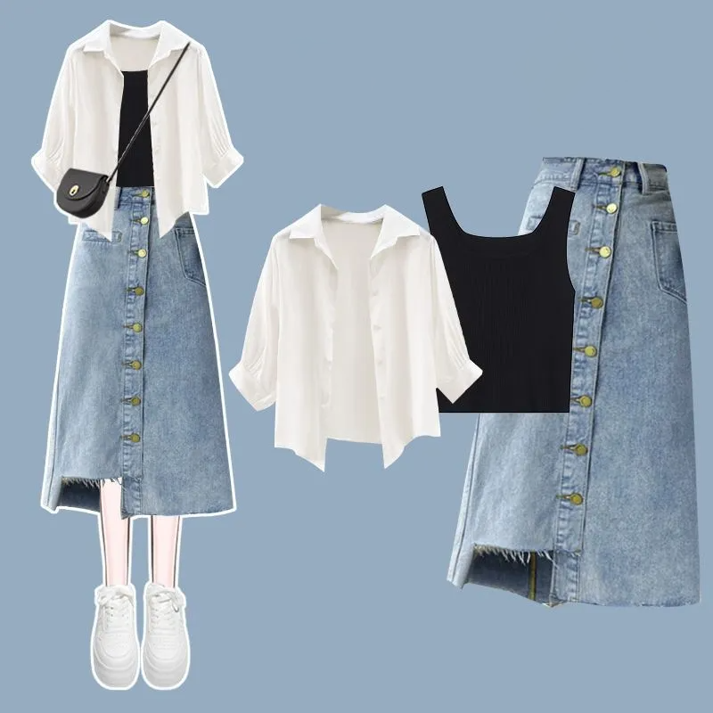 【整套】百搭簡約休閒氣質襯衫+背心+牛仔半身裙三件套裝-Cicimode