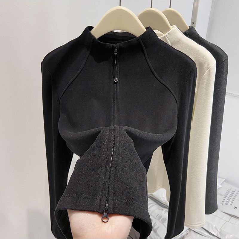 半高領德絨顯瘦修身拉鏈開衫外套-Cicimode