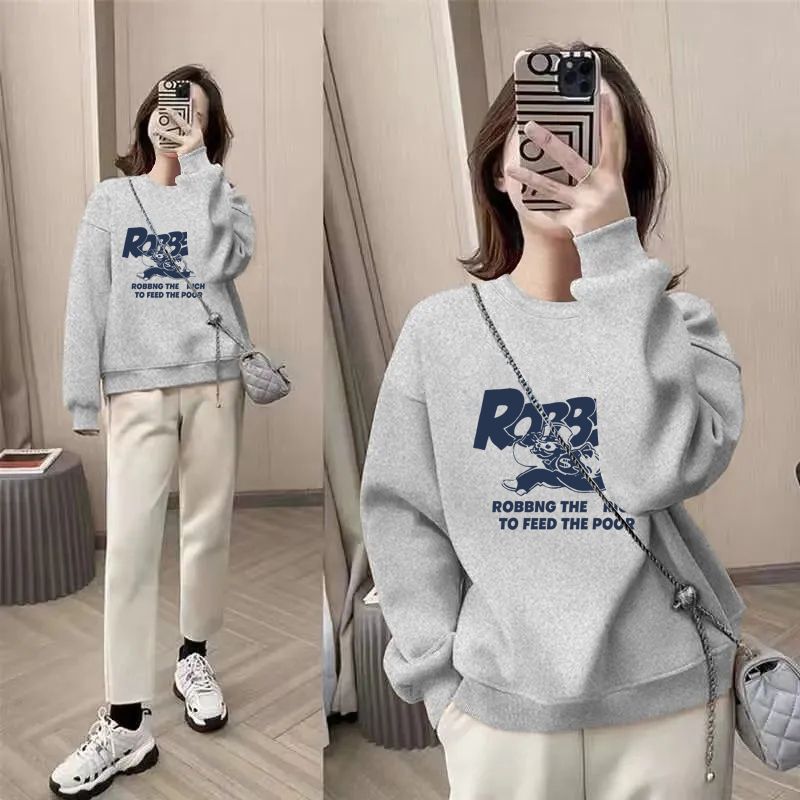 薄款oversize寬鬆印花圓領洋氣大碼長袖T恤