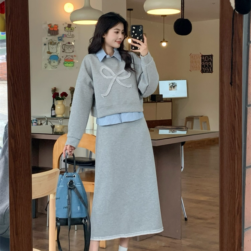 【整套】POLO領條紋拼接長袖衛衣+高腰包臀半裙兩件套裝-Cicimode