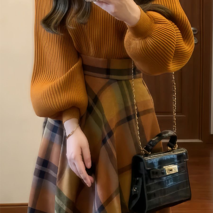 【單件/套裝】法式復古溫柔風氣質針織毛衣+格紋半身裙兩件套-Cicimode