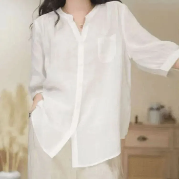 極簡風慵懶百搭苧麻寬鬆純色五分襯衫-Cicimode