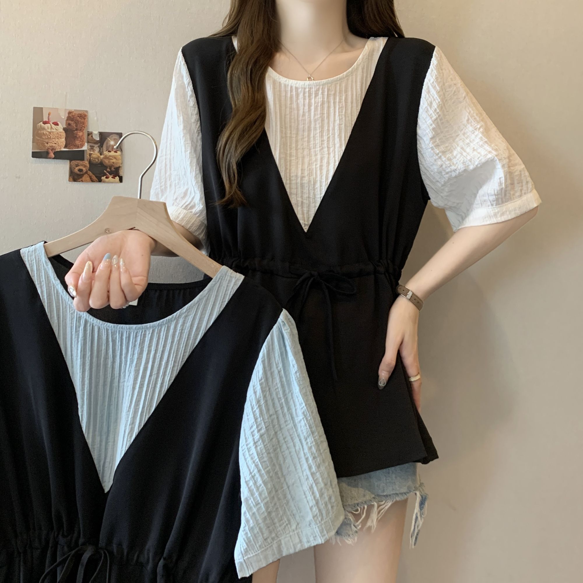 韓版假兩件設計感撞色收腰系帶顯瘦短袖-Cicimode