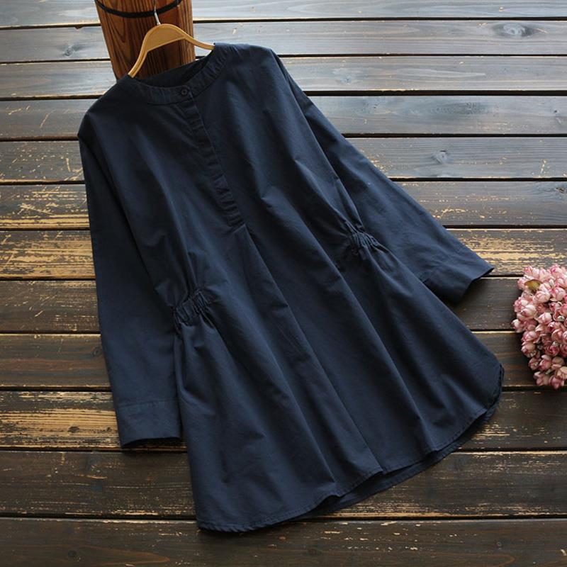 純棉寬鬆顯瘦圓領收腰時尚休閒復古襯衫-Cicimode