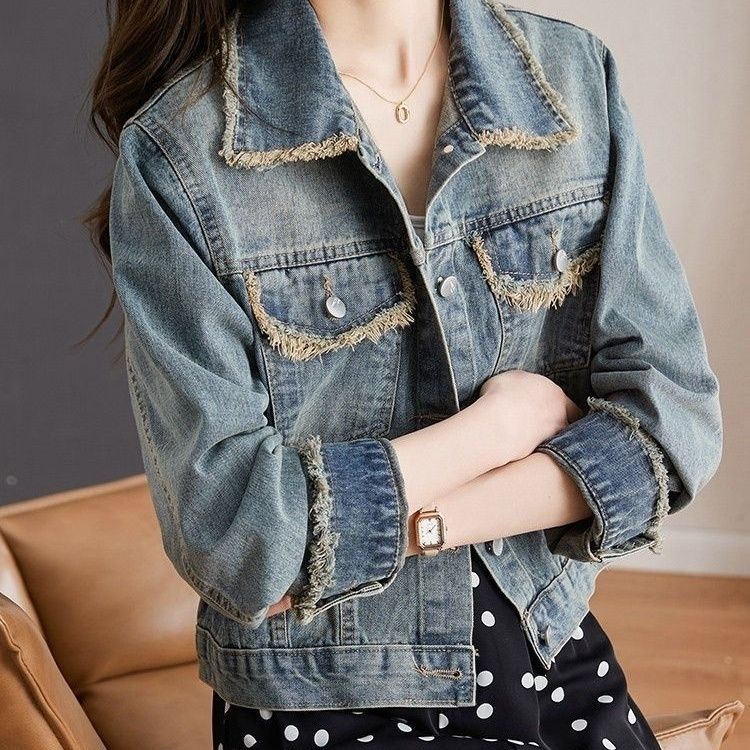 百搭設計感寬鬆顯瘦洋氣長袖毛邊牛仔外套-Cicimode