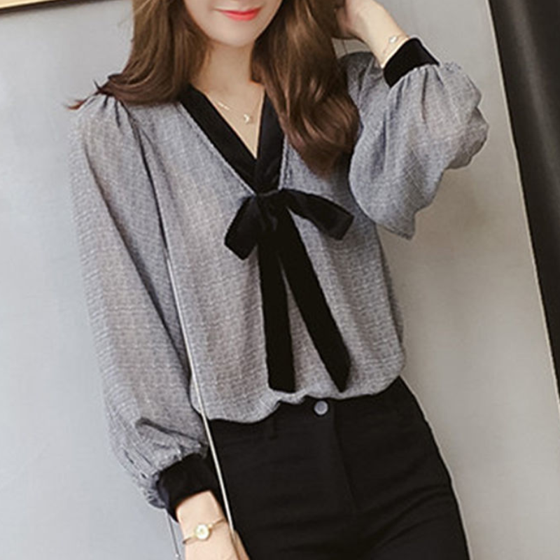 洋氣文藝甜美蝴蝶結V領雪紡襯衫