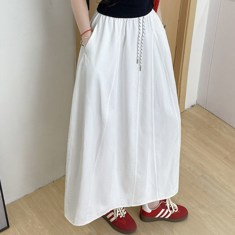 冰絲工裝高腰小個子寬鬆系帶A字半身裙-Cicimode