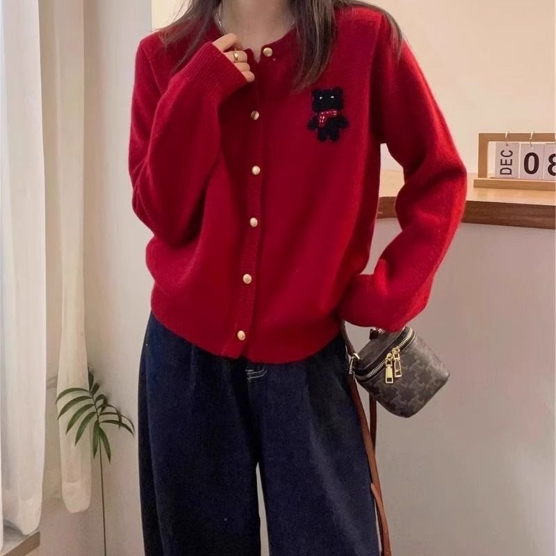 韓版百搭圓領紅色毛衣外套小熊針織開衫