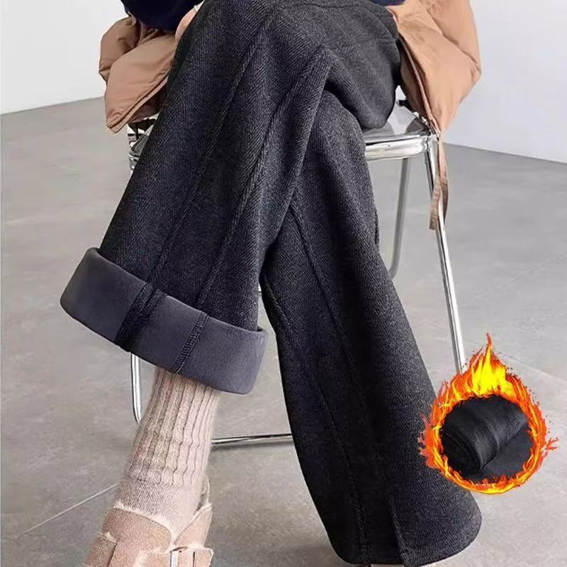 人字紋刷毛闊腿毛呢開叉直筒窄版香蕉褲-Cicimode