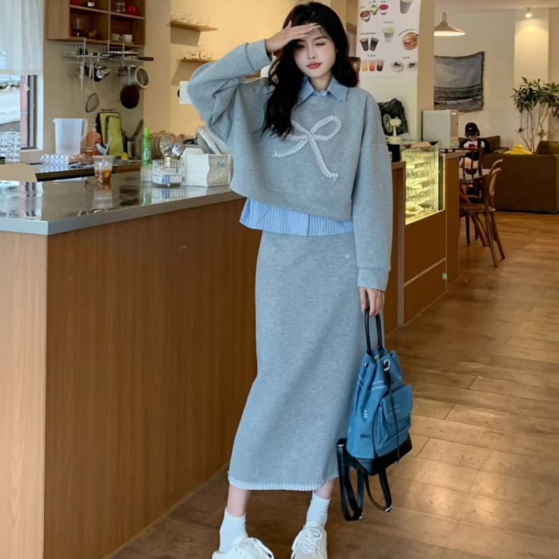 【整套】POLO領條紋拼接長袖衛衣+高腰包臀半裙兩件套裝-Cicimode