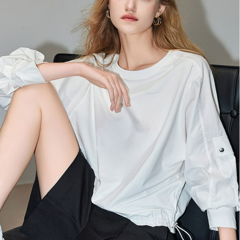 簡約風通勤工裝口袋時尚拼接襯衫下擺鬆緊襯衣