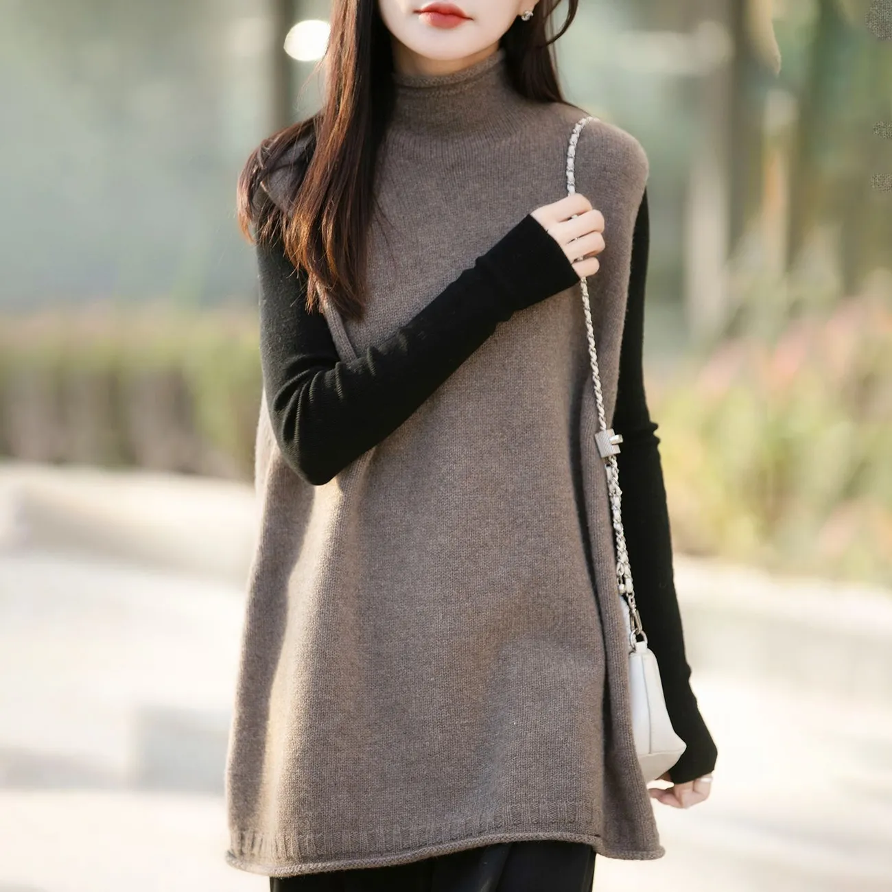 半高領中長版寬鬆疊穿背心百搭坎肩羊毛針織馬甲