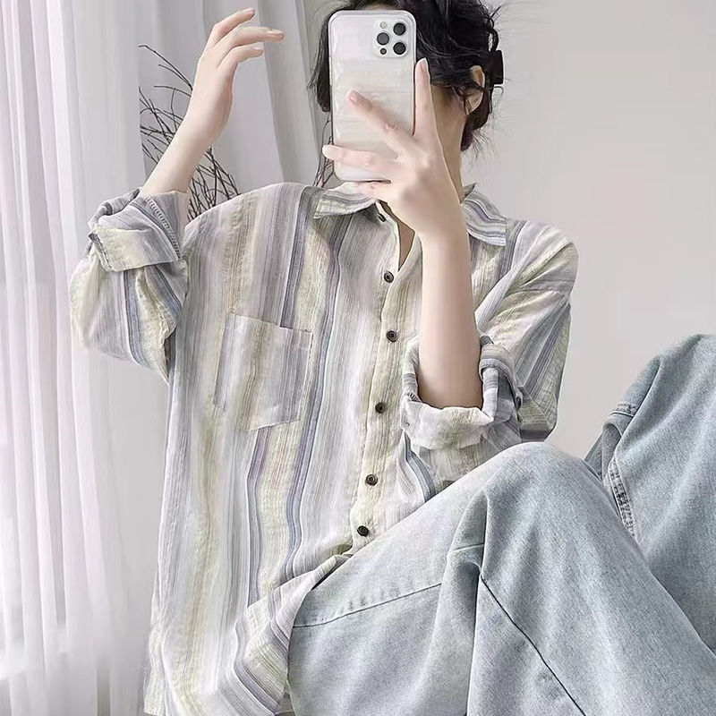 清新條紋防曬慵懶設計感長袖襯衫-Cicimode