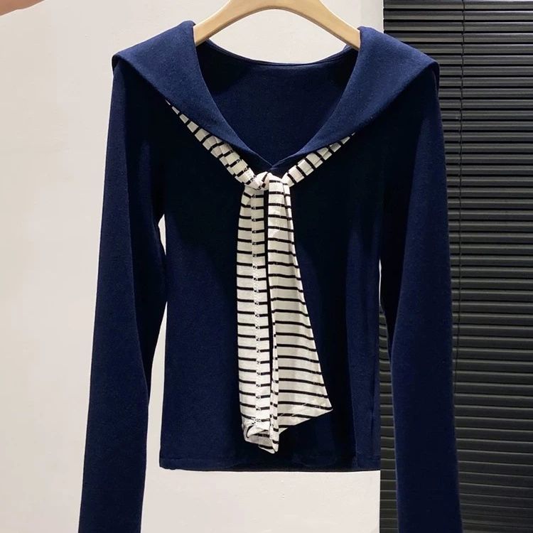 海軍領條紋領帶拼接修身顯瘦長袖T恤-Cicimode