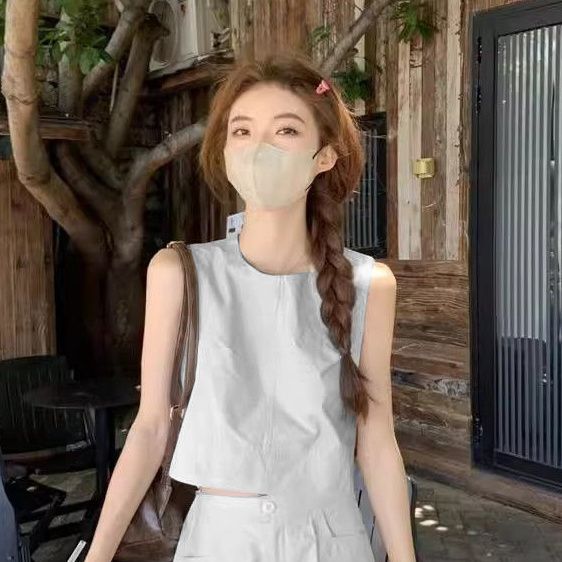 簡約休閑寬松背心上衣高腰闊腿短褲夏季兩件套
