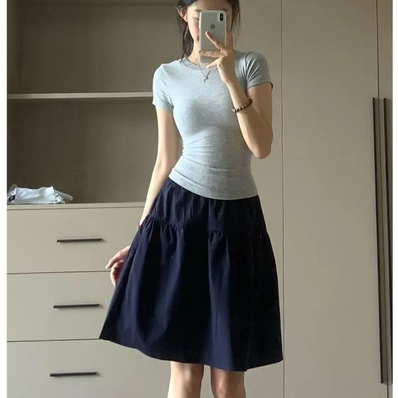 【單件/套裝】韓系穿搭甜美減齡印花短袖T恤+高腰學院風百搭半身裙兩件套