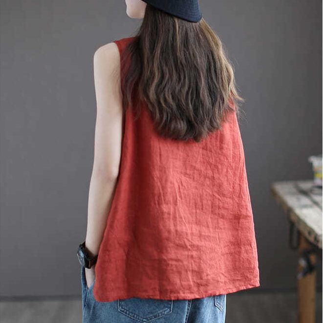文藝棉麻新款寬鬆吊帶背心女薄款不對稱上衣紐扣裝飾拼接潮